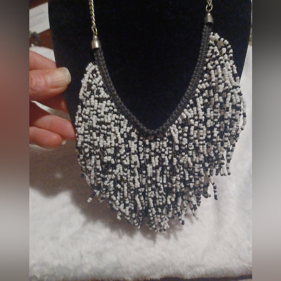 Charming Charlie Black and White Beaded Fringe Necklace - Picture 2 of 2